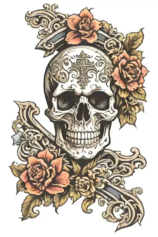 Skull Holding Cross Surrounded By Florals
