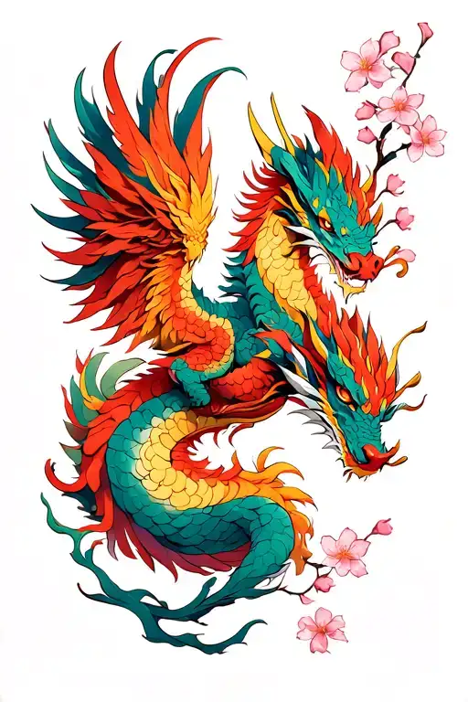 Entwined Phoenix And Dragon With Cherry Blossoms