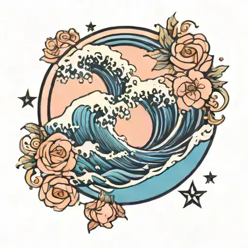 Gentle Blue Wave In A Circle With Pink Peach Sky And Stars
