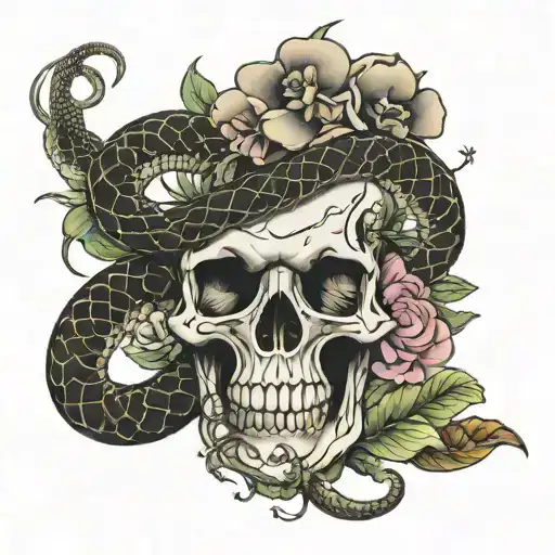 Japanese Snake With Flowers And A Skull