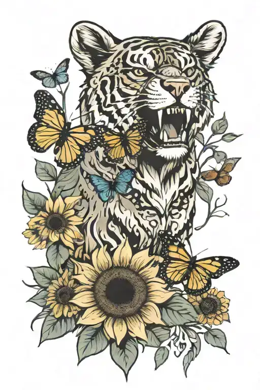 Snarling Bear With Monarch Butterflies And Sunflower