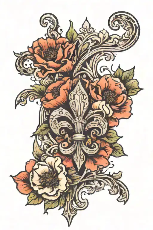 A Neo Traditional Tattoo Featuring A Fleur De Lis With Magnolias And Poppies