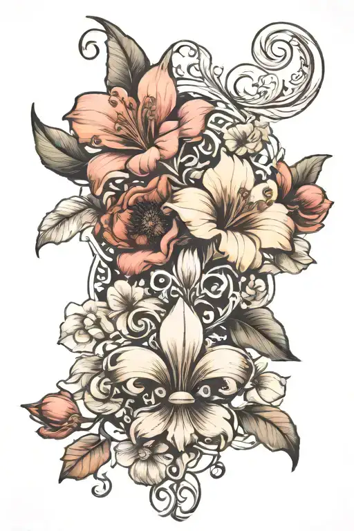 A Neo Traditional Tattoo Featuring A Fleur De Lis With Magnolias And Poppies