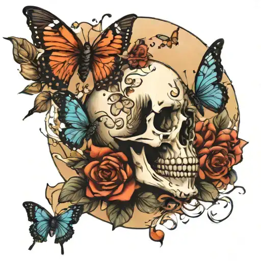 Skull And Butterflies Flying Beach Scene