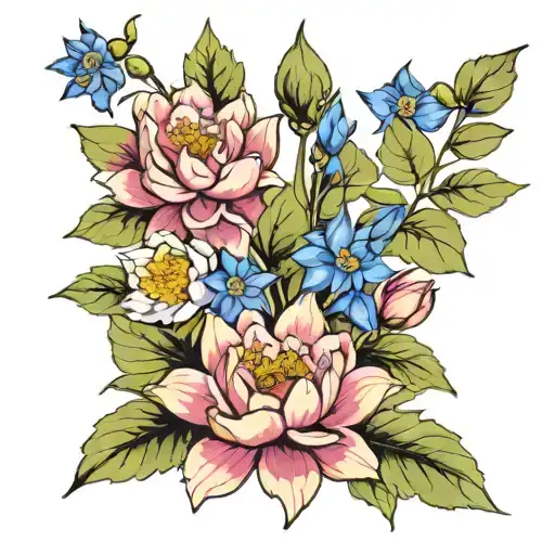 Delphiniums And Water Lily Flower And Leaves Together