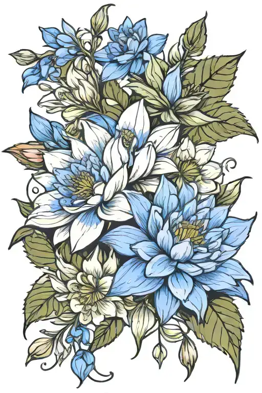 Delphiniums And Water Lily Flower And Leaves Together