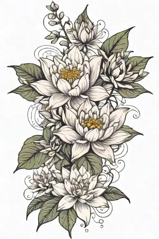 Delphiniums And Water Lily Flower And Water Lily Leaves Together Minimalist