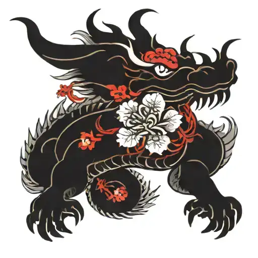 Red Chinese Red Dragon With Flowers