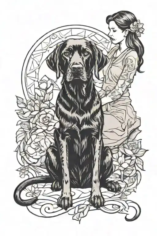 Black Lab Dog And A Girl Sitting