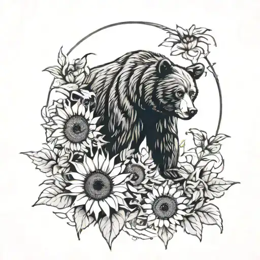 Black Bear And Sunflowers Intertwined