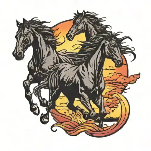 3 Black Horses Running With A Red And Yellow Sunset Behind Them