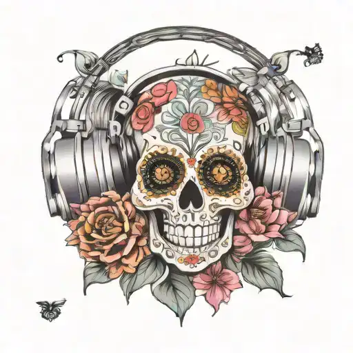 Boho Mandala Lotus Sugar Skull Wearing Headphones
