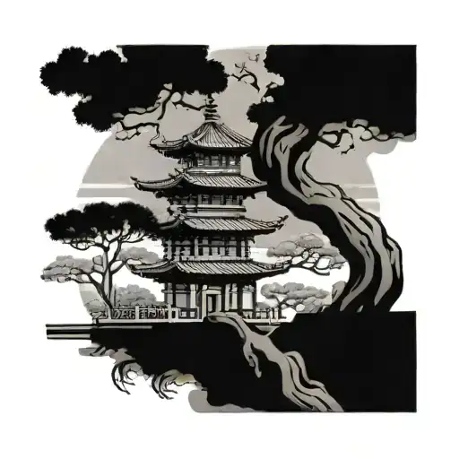 Bonsai Tree With A Pagoda In The Background In A Black And Grey Style