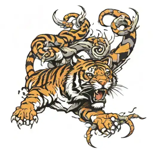 Tiger Fights With Snake And Lightning