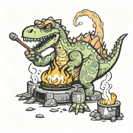 Chubby Dinosaur Roasts Marshmallows On The Fire