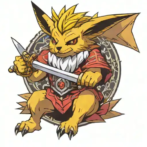 Jolteon Holding Ganondorf's Sword In His Mouth Like Zacian Style In Order To Make A Tatoo Of It