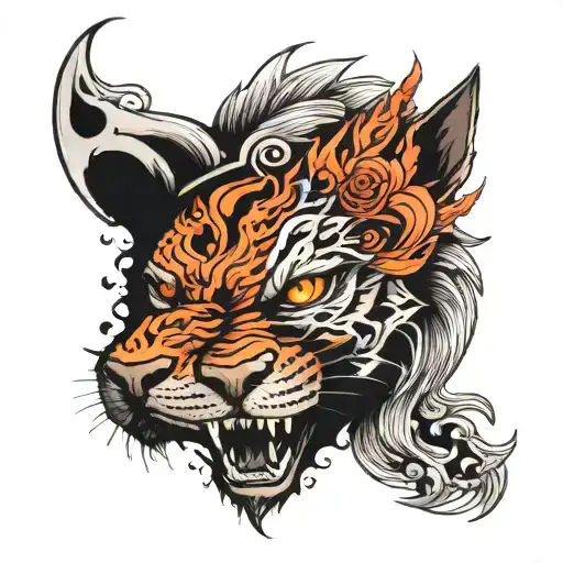 Half Panther Face With Half Wolf Face With A Phoenix Above