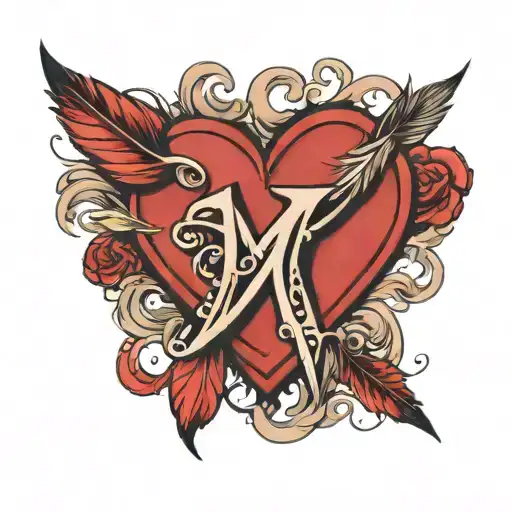 The Letter M With A Feather Tied To A Heart With An A In It