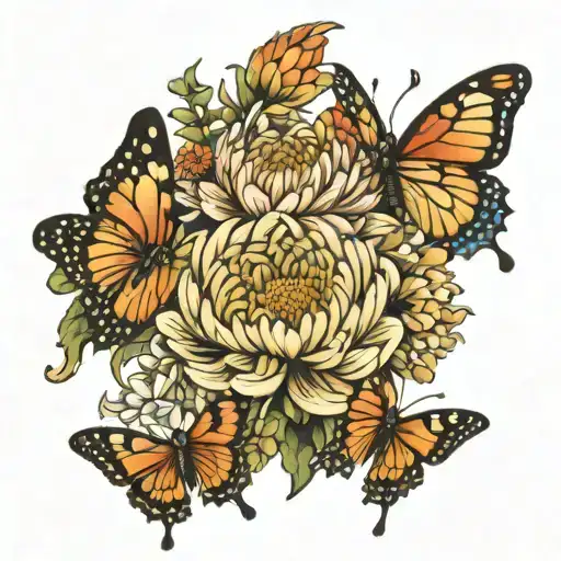 A Bouquet Of Chrysanthemum Flowers With Butterflies Around The Work Heaven Official's Blessing
