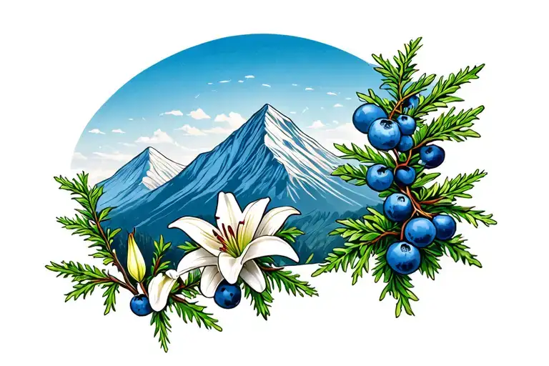 Juniper Tree With Blue Berries Mountain Scene With Lilies