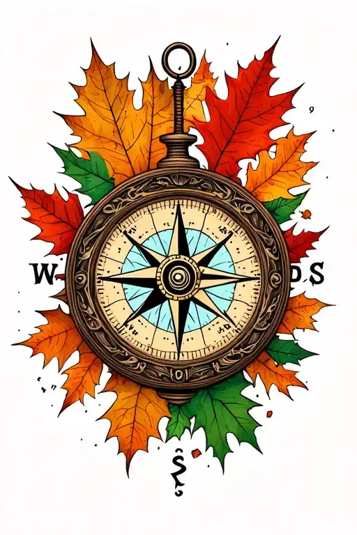A Detailed Compass Hand Tattoo Featuring Fall Foliage