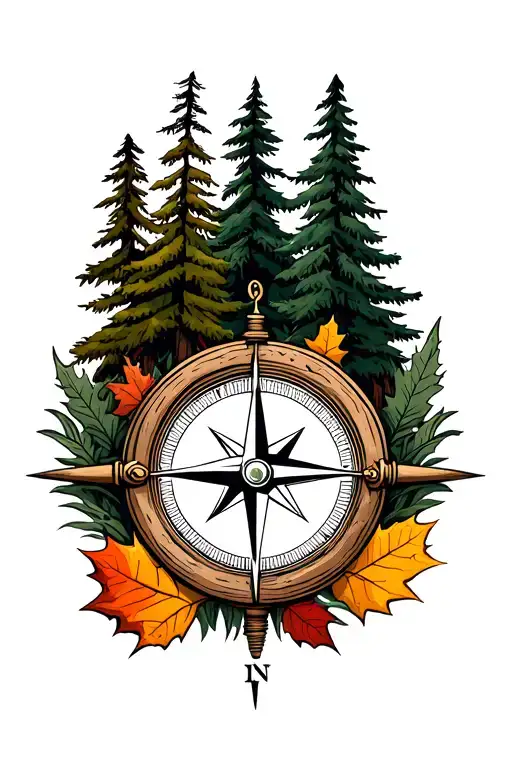 A Detailed Compass Featuring Fall Leaves And Pine Trees