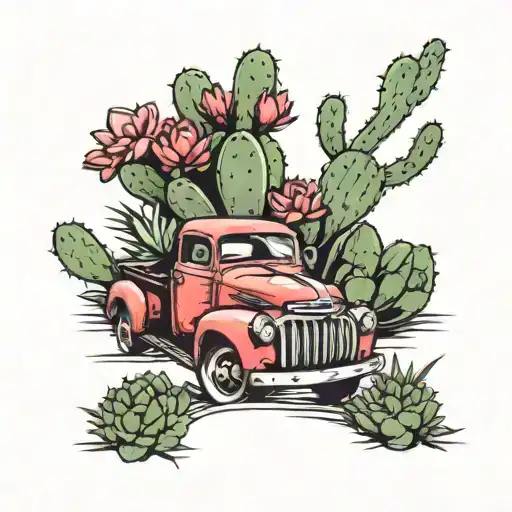 Old Red Pickup Truck With Cactus With Pink Flowers In The Bed