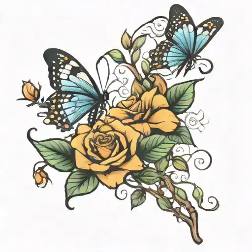 Rose Stem With Butterflies Fluttering