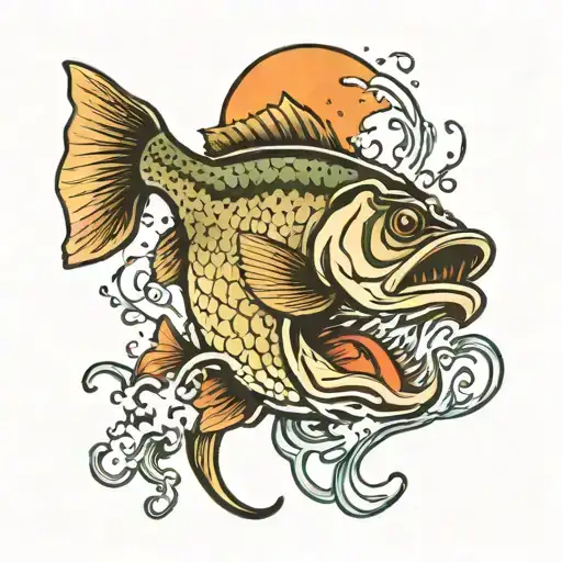 A Fishing Tattoo Of A Bass Jumping Out Of Water With Hook In Mouth