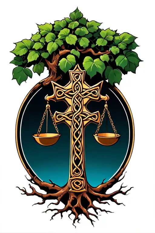 Celtic Cross With Justice Scales And Tree Roots