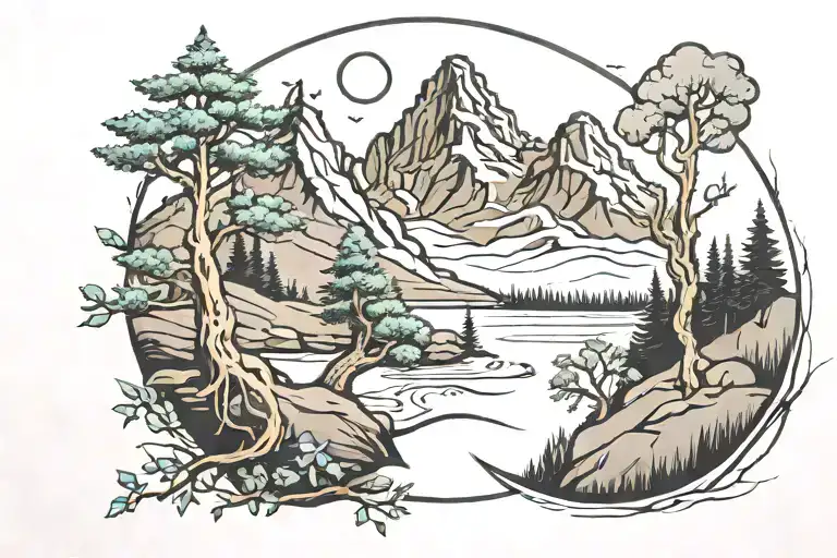 Mountain And A Trail And A Tree Branch