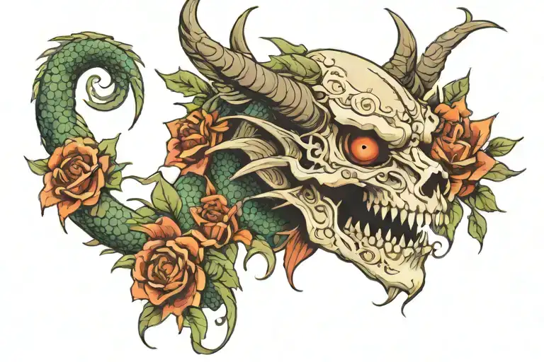 Dragon With Flowers Around The Skull