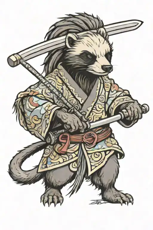 Furry Honey Badger With Dreadlocks In Kimono Holding Katana
