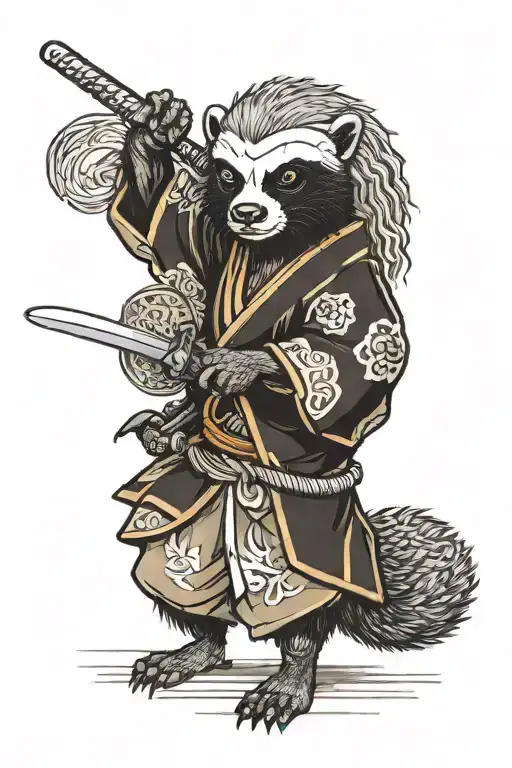 Furry Honey Badger With Dreadlocks In Kimono Holding Katana