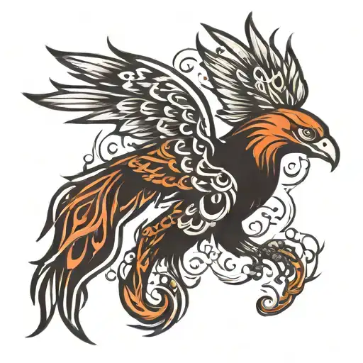 Flying Phoenix With Outstretched Wings And A Long Tail Made Of Fire