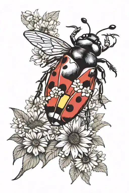 Ladybug And Buttercup Flowers And Bee And Sunflower