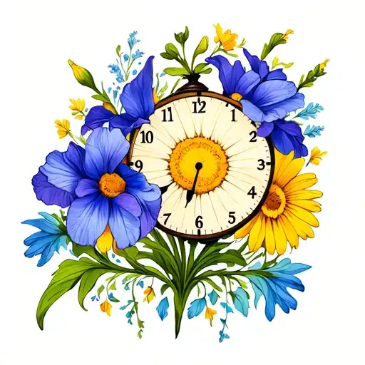 Daisy And Iris Flowers With Clock