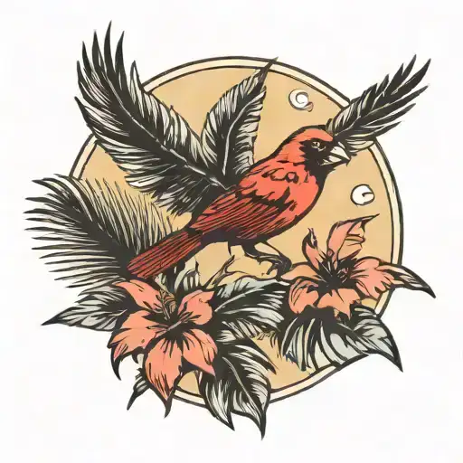 Flying Cardinal And Palm Tree