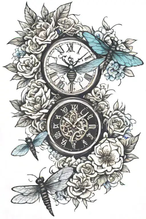 3 Clocks Surrounded By Flowers And Dragonfly
