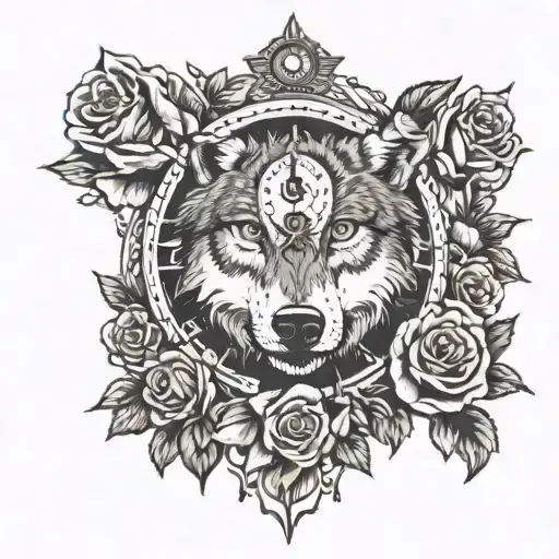 Wolf And Roses And Clock