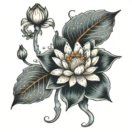 A Whimsical Design Of A Water Lily Transforming Into Marigolds And Lily Of The Valley As It Blooms