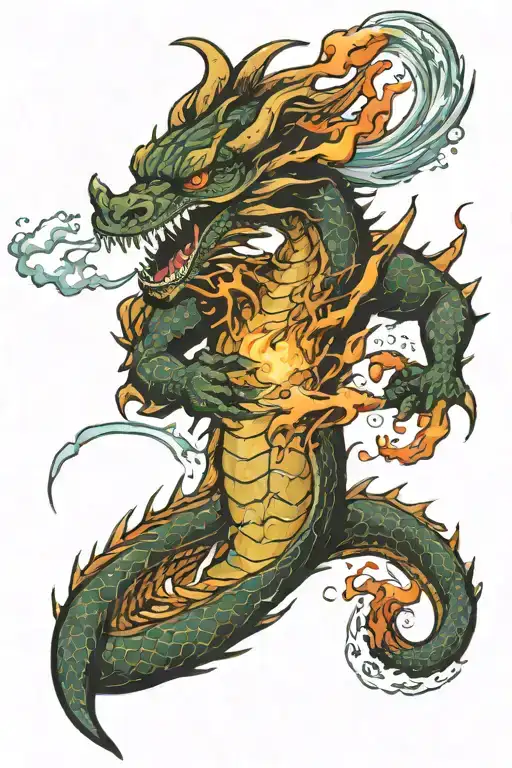 A Dragon With A Fireball Firing From His Mouth Facing Off Against A Sea Monster With A Water Blast