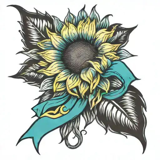 Sunflower With Teal Cancer Ribbons