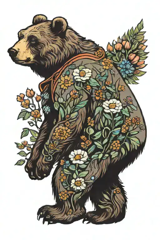 Bear Hiker Walking Through A Forest Of Tall Blooming Flowers
