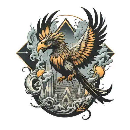 Phoenix Devours Samsara And Dissolves Into Ashes Against The Backdrop Of The Pyramids