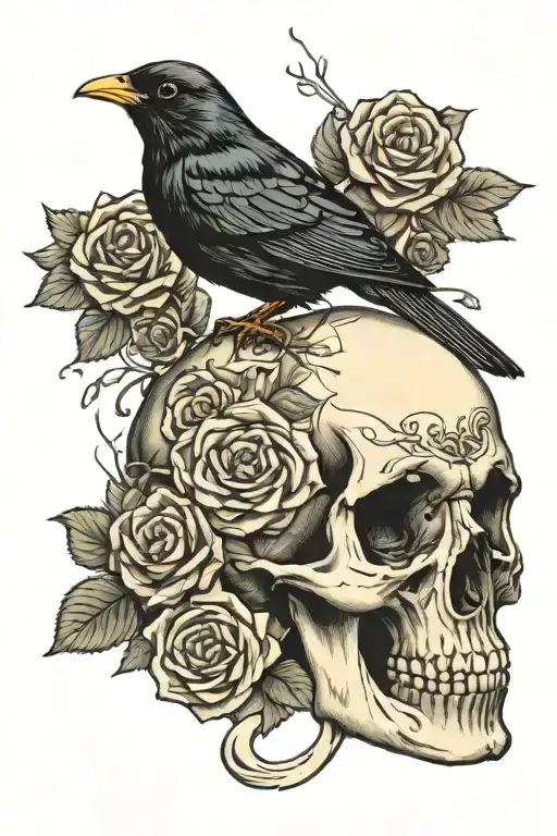 Blackbird Sitting On A Skull Surrounded By Roses Growing