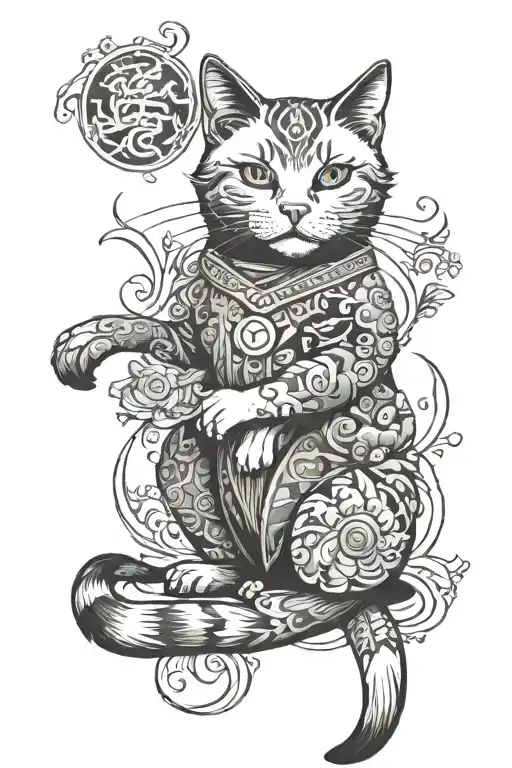 Cat With Japanese Style Tattoo Featuring