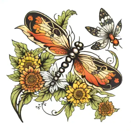 Dragonflies Surrounding Dandelion And Quilting Design In Wings