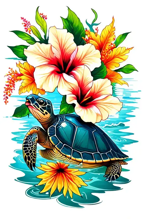 Hawaiian Hibiscus And Turtle Swimming