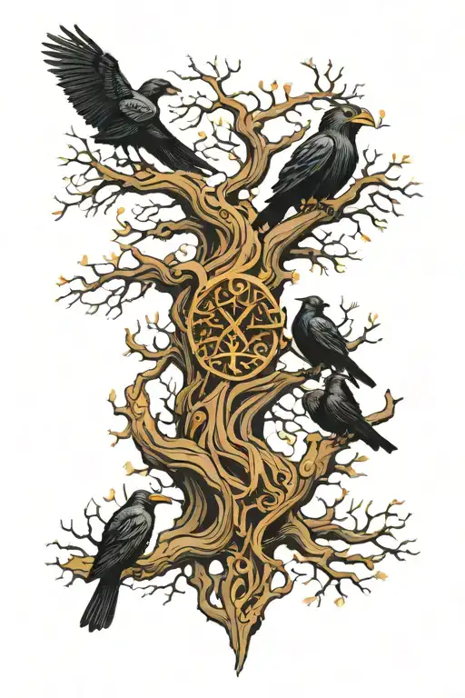 Viking World Tree With Odin's Ravens On The Branches In Color